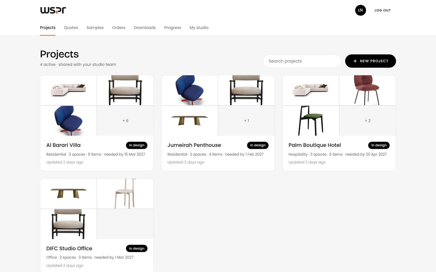 Projects list with four projects